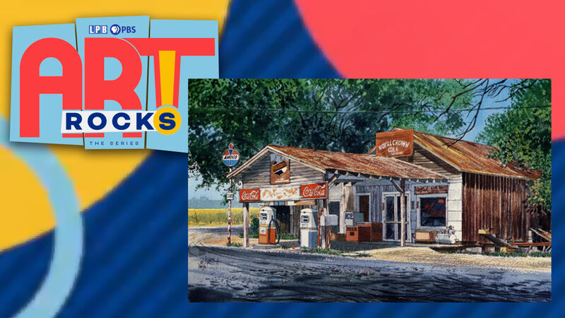 A colorful background features an image from watercolorist Stan Routh of an old service station. The show is Art Rocks the Series.