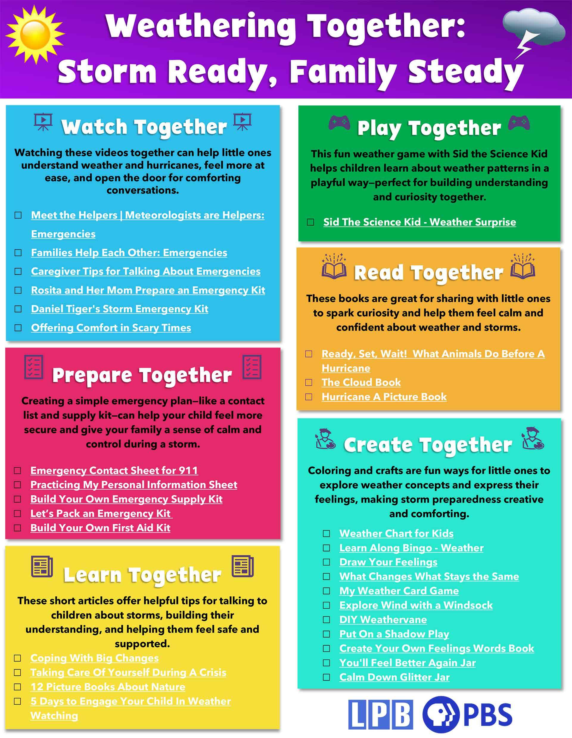 Colorful educational poster titled “Weathering Together: Storm Ready, Family Steady” from LPB and PBS. Aimed at fostering storm readiness through family interaction, emotional support, and early education.