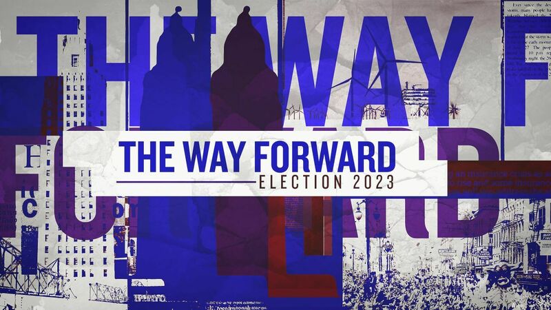 Graphic has the Louisiana state capitol building in silhouette in blue purple and red colors. the title of the program is The Way Forward Election 2023